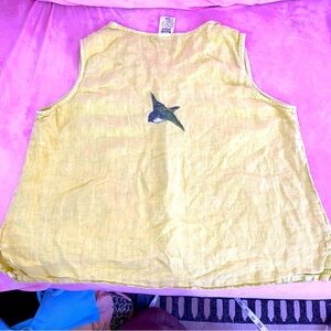 100% Linen Hummingbird Vintage Tank Top Pastel Green Yellow Match Point USA